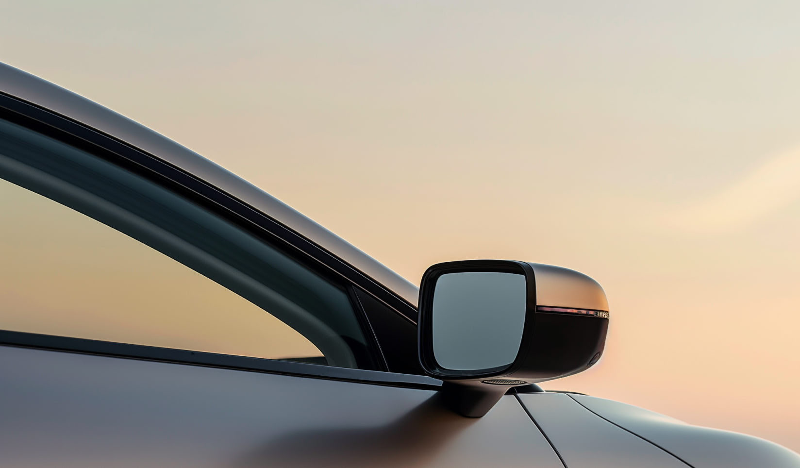 A closely cropped car’s side mirror against a dawn horizon.