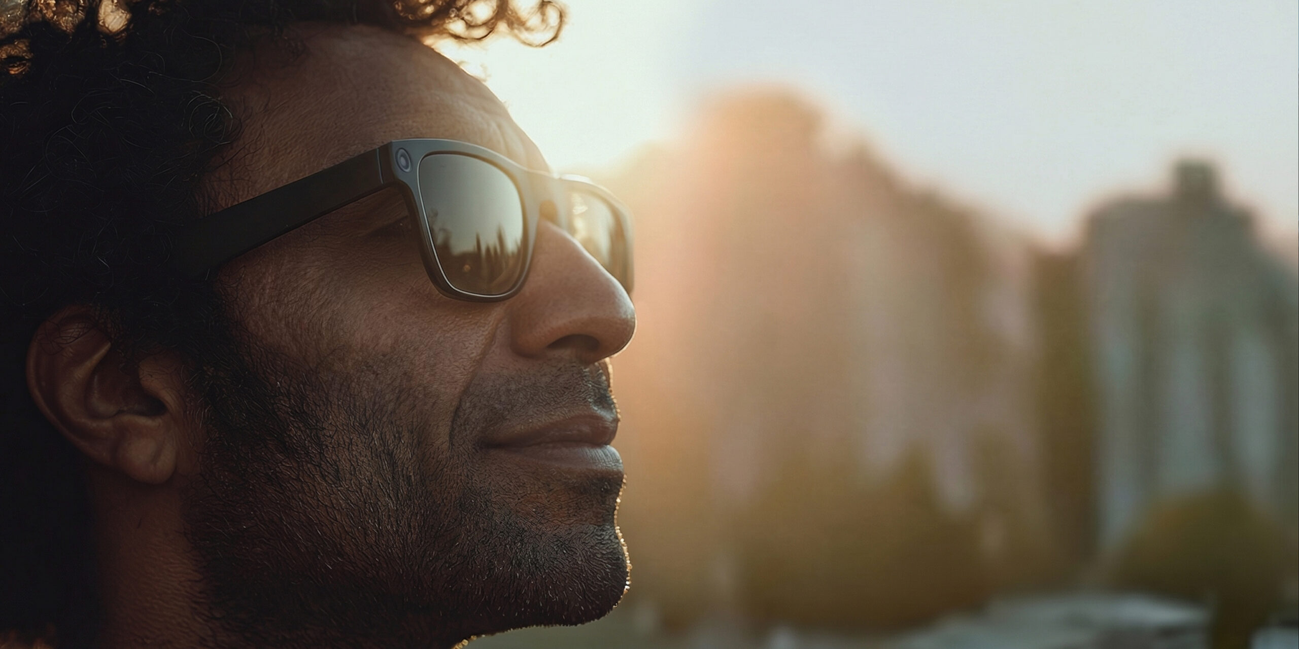 Man wearing AR glasses looking into bright light in a cityscape