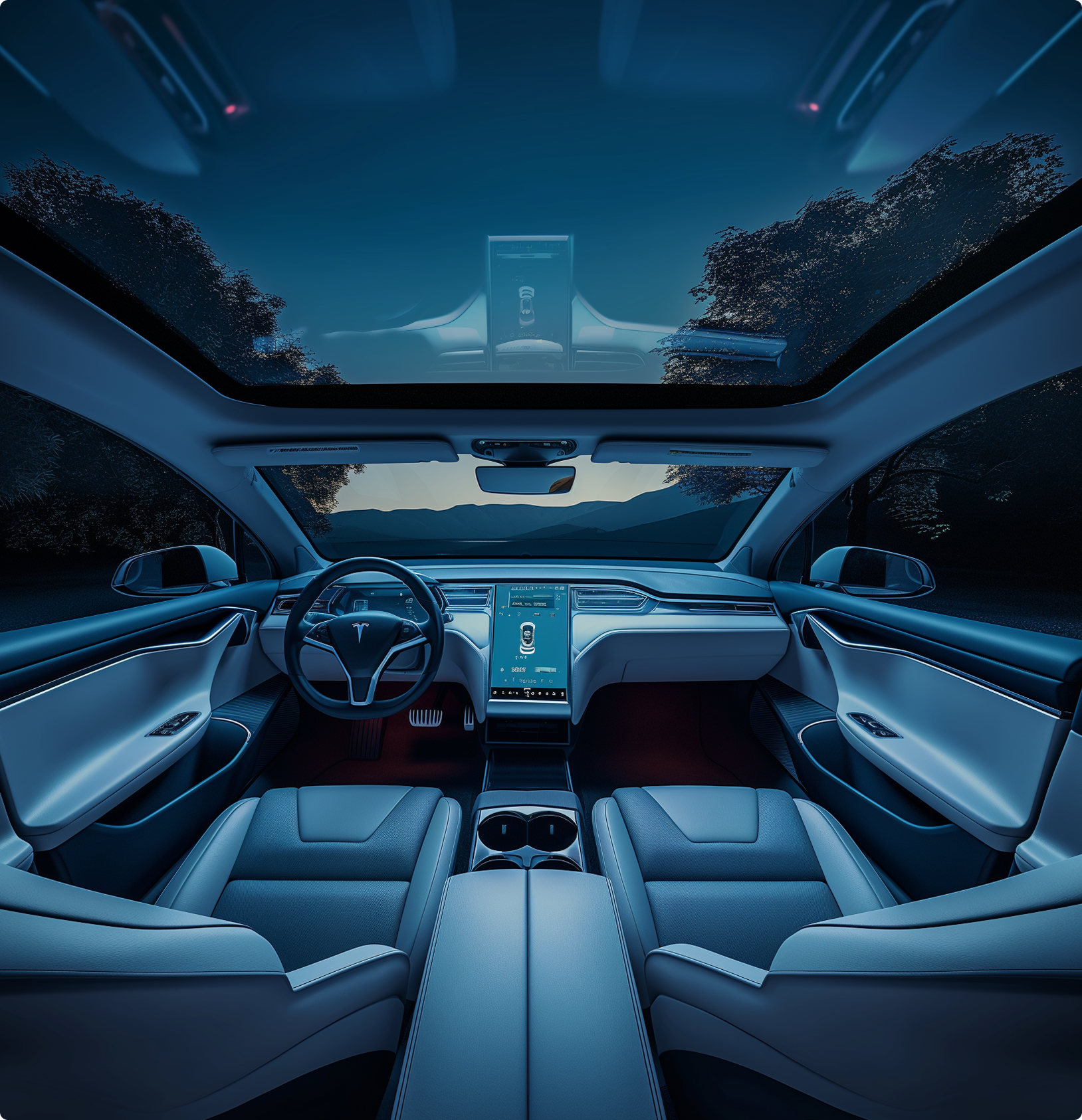 A luxury car interior with moonroof reflecting the subtle glow of a rising sun beyond the mountains