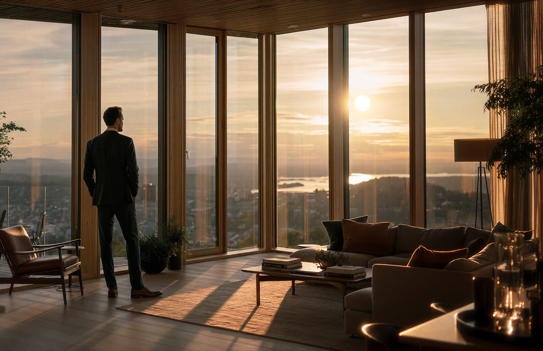 Man in a suit in a luxury apartment looking out large windows at the setting sun.