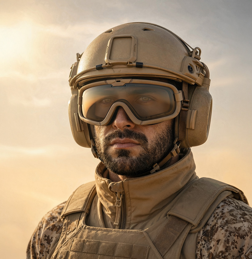 A man in military gear looks through a tinted visor; the sun is glaring to his right.