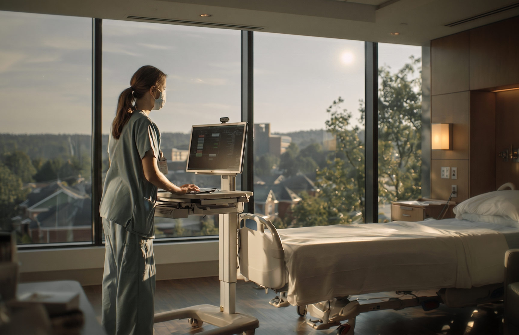 A medical professional types on a computer in a hospital room with tinted windows. Outside, the sun is shining brightly.