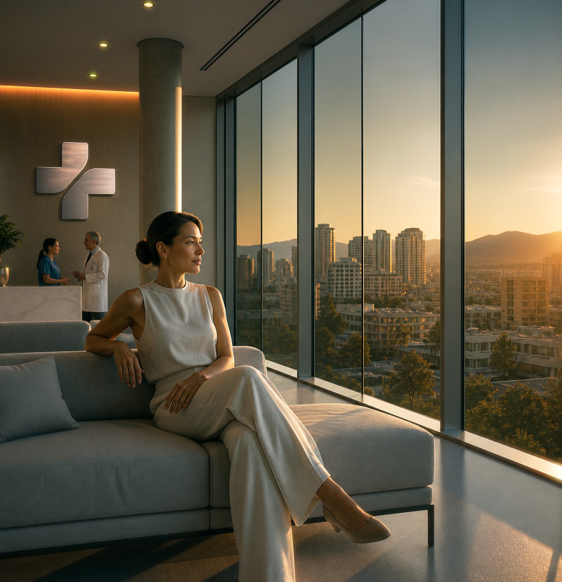 A woman in a hospital waiting room gazes out the window at a cityscape; the sun is setting.