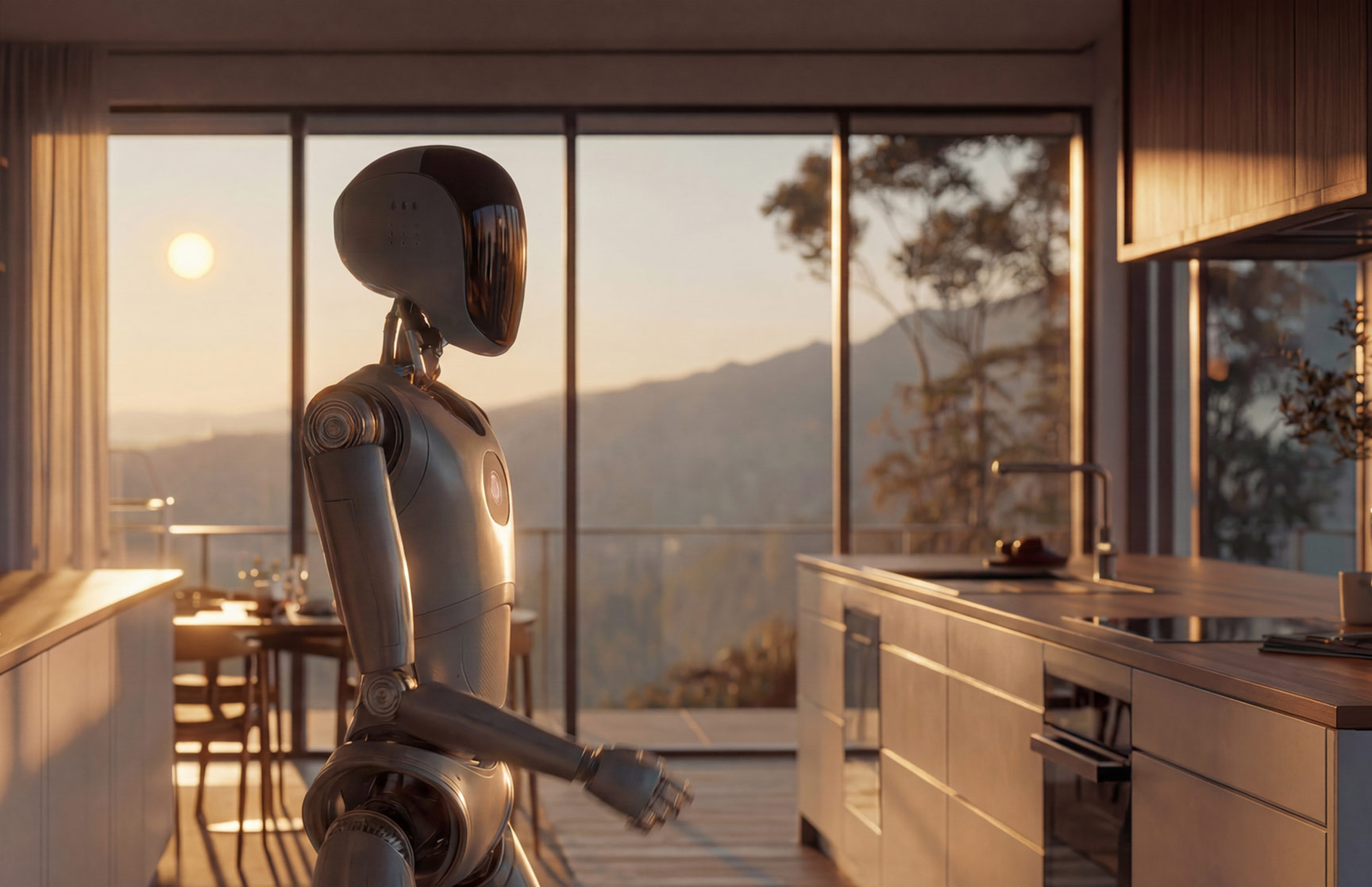 A humanoid robot in a kitchen reaching forward. Bright setting sun visible through the windows behind.