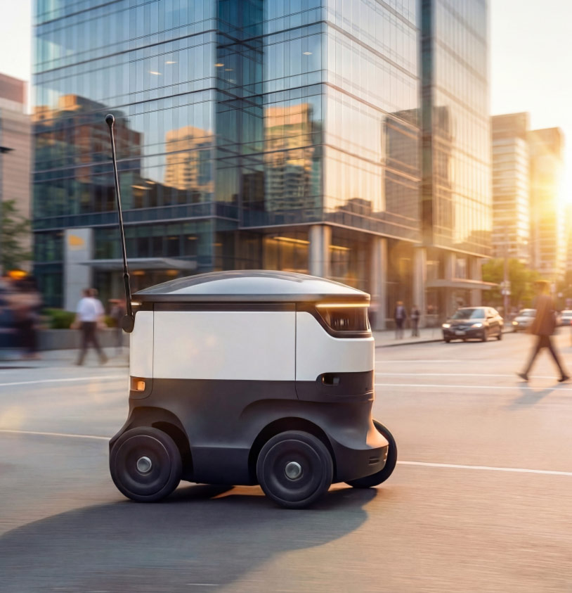 An autonomous delivery robot on a city street with bright sunlight shining on it and reflecting from nearby buildings.