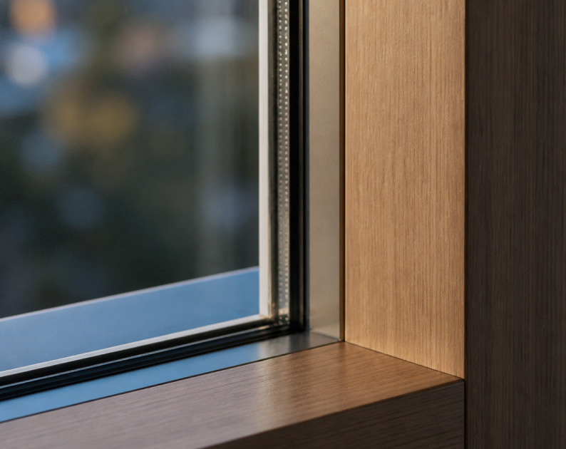 Close up of the corner of a dynamically tinted window in an apartment