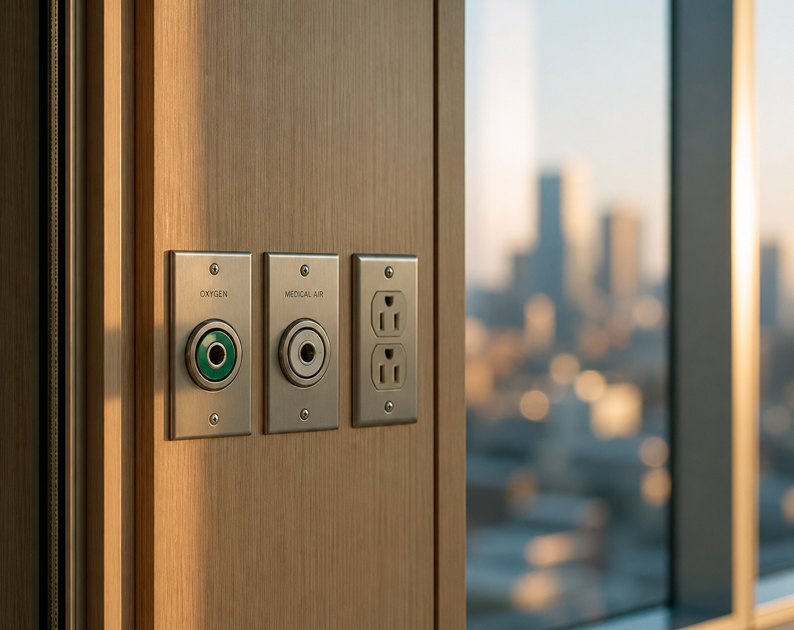 Close up of wall-mounted controls in a hospital next to a window with a city outside.