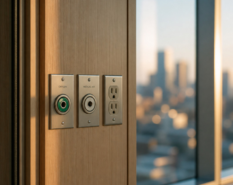 Close up of wall-mounted controls in a hospital next to a window with a city outside.