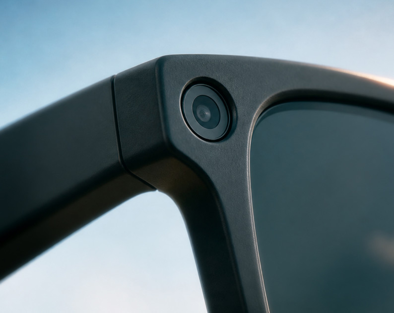Close up of the camera on a pair of augmented reality glasses.