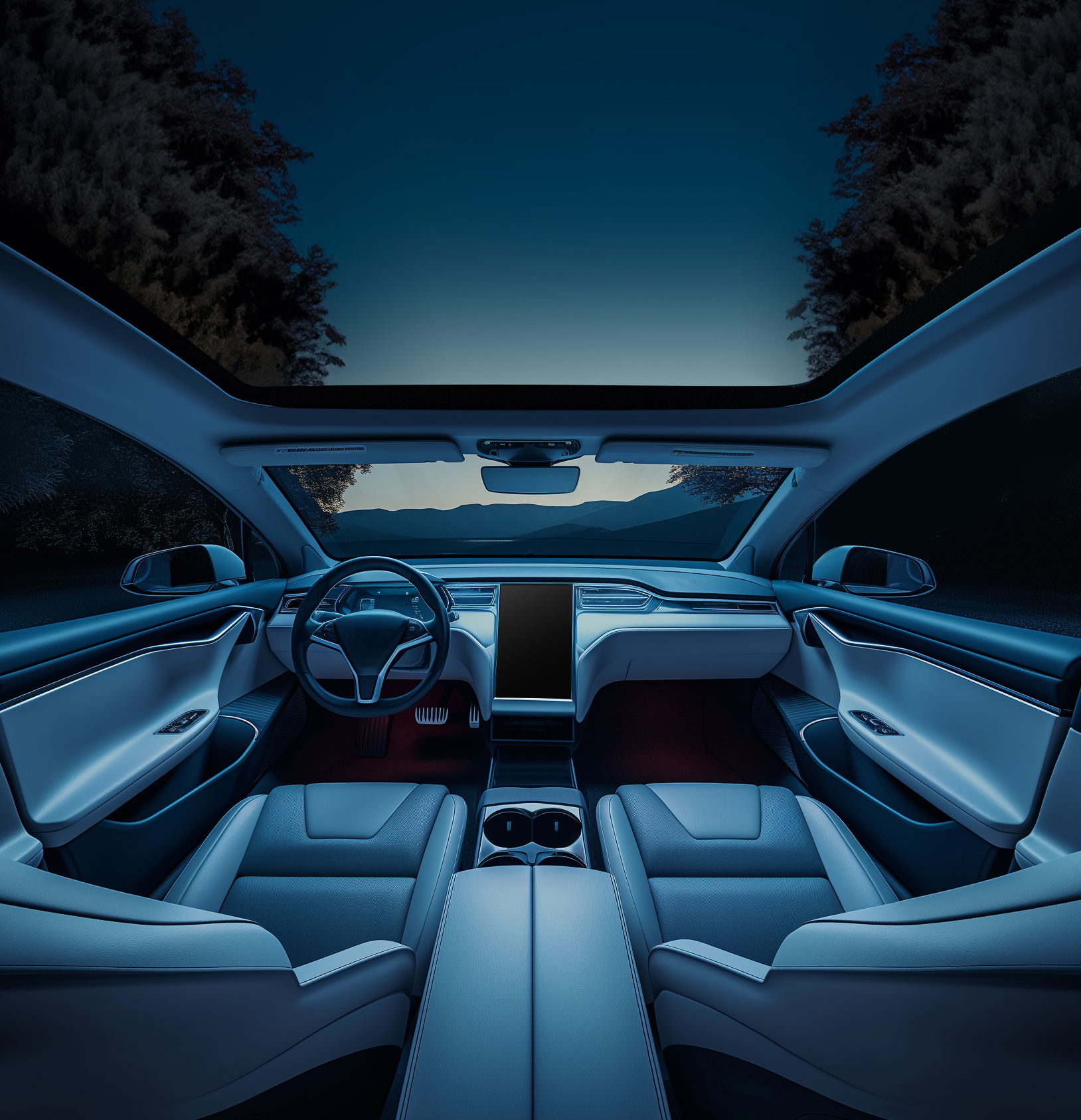A luxury car interior with moonroof reflecting the subtle glow of a rising sun beyond the mountains